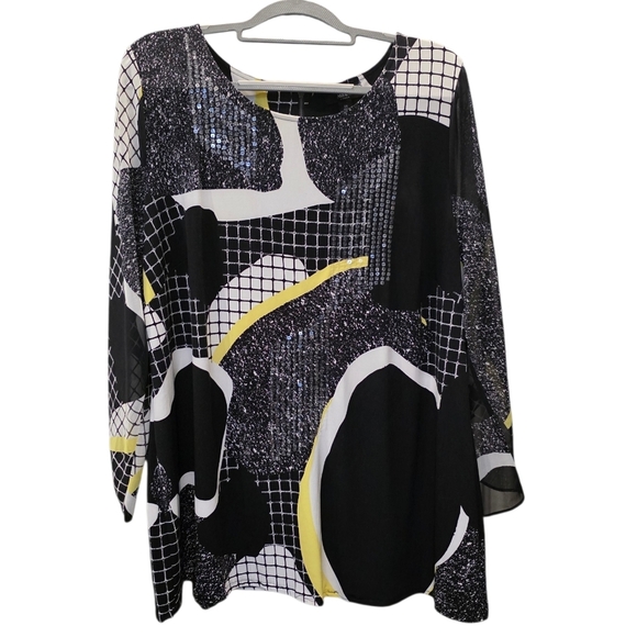 Alfani Tops - Alfani Black, White and Yellow Abstract Blouse